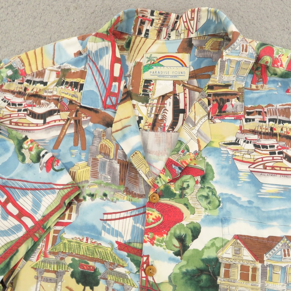 Paradise Found Mens XXL Hawaiian Shirt Americana San Francisco Bay Camp Rayon